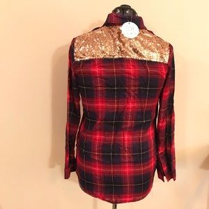 Buffalo plaid print, sequined cotton button up NWT